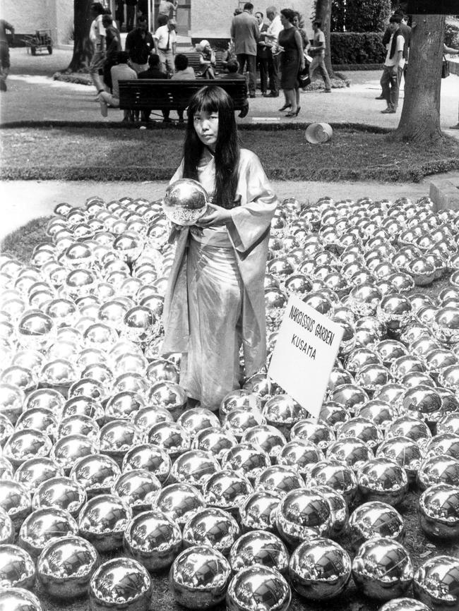 Yayoi Kusama in her Narcissus Garden exhibition at the Venice Biennale in 1966.