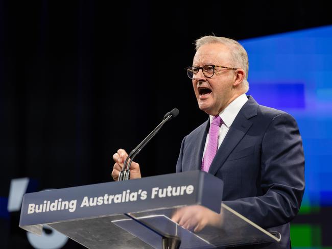NCA 2025 FEDERAL ELECTION Labor BUS. DAY 16 13/04/2025 Australian Prime Minister Anthony Albanese on the campaign trail In the WA.ALP Federal campaign launch held in Perth. Australian Labor Prime Minister Anthony during his speech. Picture: Jason Edwards / NewsWire