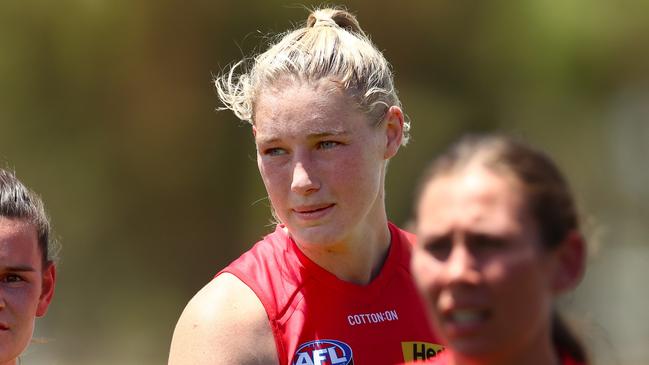 MELBOURNE, AUSTRALIA - DECEMBER 18: Tayla Harris of the Demons looks on after the win during the AFLW practice match between Melbourne Demons and Collingwood Magpies at Casey Fields on December 18, 2021 in Melbourne, Australia. (Photo by Kelly Defina/Getty Images)