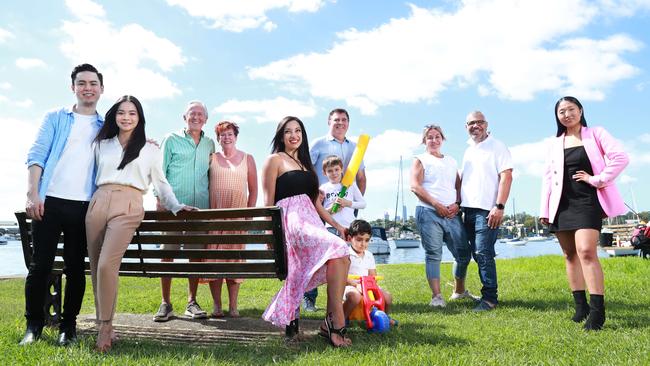 Federal Budget 2022: left to right, couple Katherine Duong, 28, and Greg Melnyk, 32; self funded retirees Terry Anson, 81, and Margaret Harte, 63; single mother Marleen Mour, 35, with son Emmanuel, 3; Karl Nixon, 59, works full time for an employer as an accountant with son Liam, 8; Cristina Spano, 49, and husband Placido 52, who own L’Angolo Ristorante in Russell Lea together; and commerce student Sophie Kang, 20. Picture: John Feder/The Australian