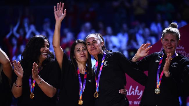 Maria Foulau celebrates with Noeline Taurua after winning the World Cup. Picture: Getty Images