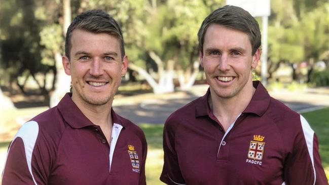 Prince Alfred Old Collegians playing-coach Craig Pitt (right) with star Jack Trangove, who was at his best on Saturday. Picture: Prince Alfred Old Collegians Football Club