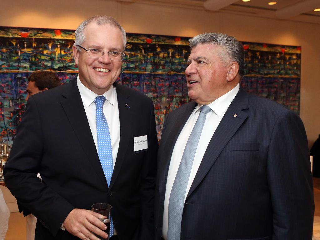 Then Federal Treasurer Scott Morrison and John Symond at the 2017 Christmas Party at the Point Piper abode. Picture: James Croucher