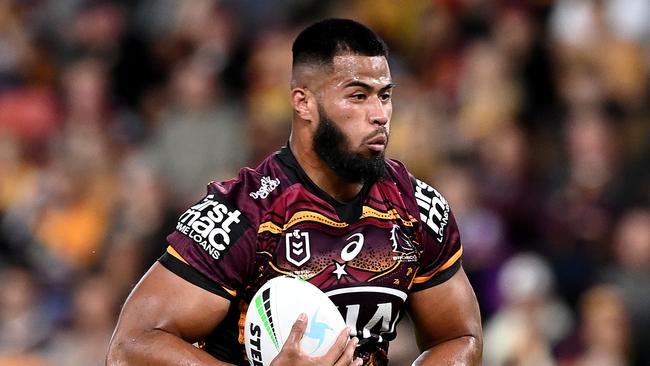 Payne Haas suffered a knee injury in Brisbane’s loss to Melbourne. Picture: Bradley Kanaris/Getty Images