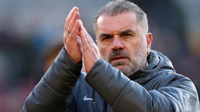 BRENTFORD, ENGLAND - FEBRUARY 02: Ange Postecoglou, Manager of Tottenham Hotspur, applauds the fans after defeating Brentford during the Premier League match between Brentford FC and Tottenham Hotspur FC at Brentford Community Stadium on February 02, 2025 in Brentford, England. (Photo by Ryan Pierse/Getty Images)