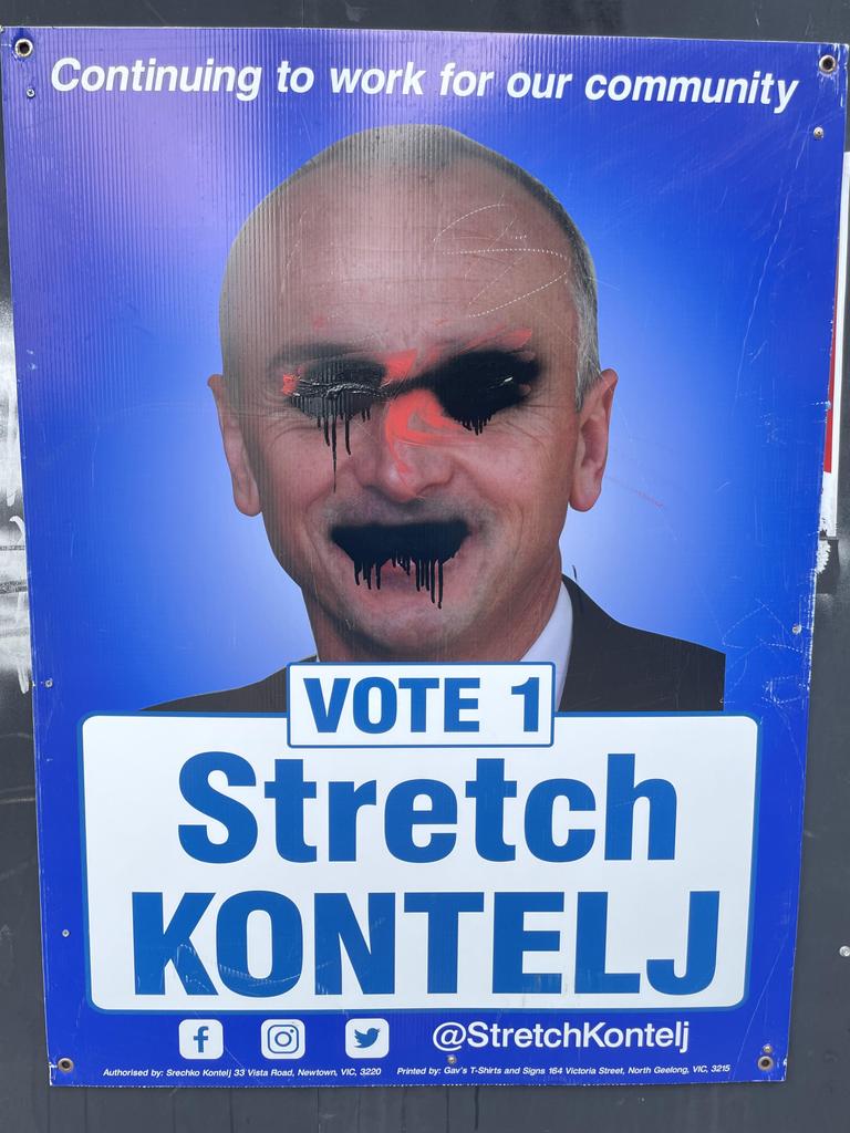 WTF: Former Geelong mayor Stretch Kontelj says he’s had multiple corflutes stolen and defaced.