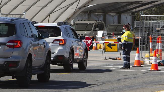 Cars queue for COVID-19 testing at Adelaide's Victoria Park. Picture: Emma Brasier