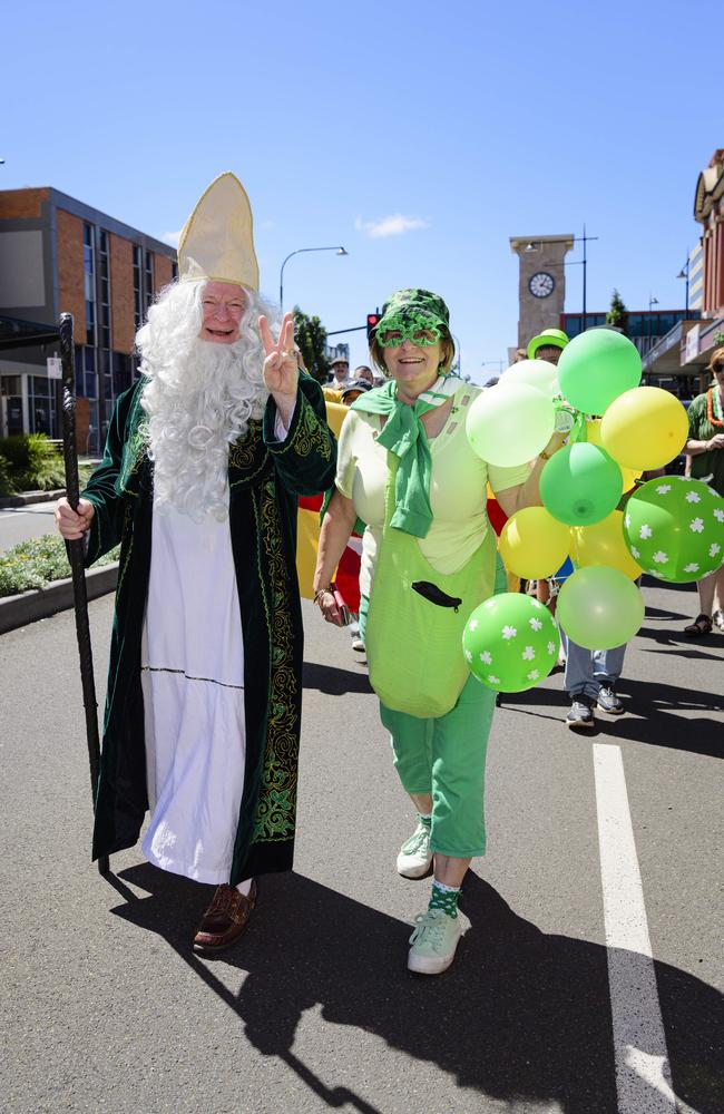 Tom Delany as St Patrick with Elizabeth Delany march in the Darling Downs Irish Club St Patrick's Day parade, Sunday, March 16, 2025. Picture: Kevin Farmer