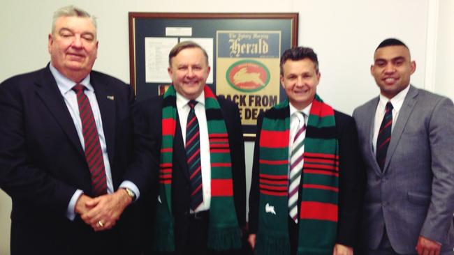 A historical photo of Souths general manager Shane Richardson, Anthony Albanese and retired Souths player Nathan Merritt (far right).Picture: Supplied.