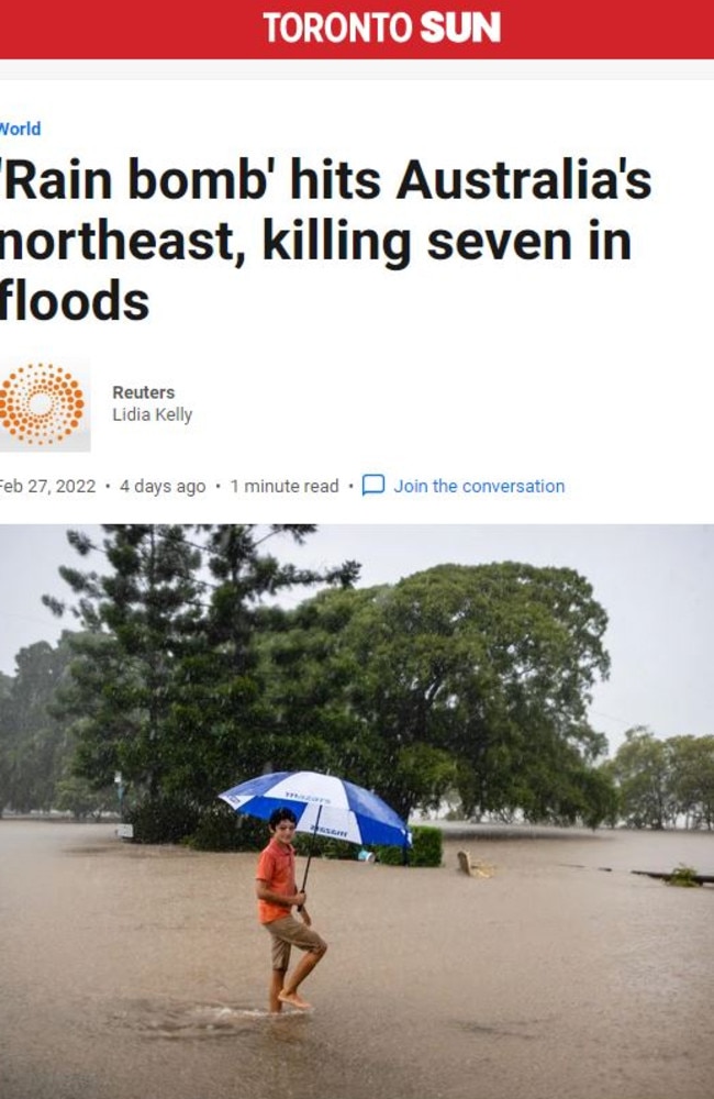 The Toronto Sun covered Australia's flood crisis. Picture: Supplied