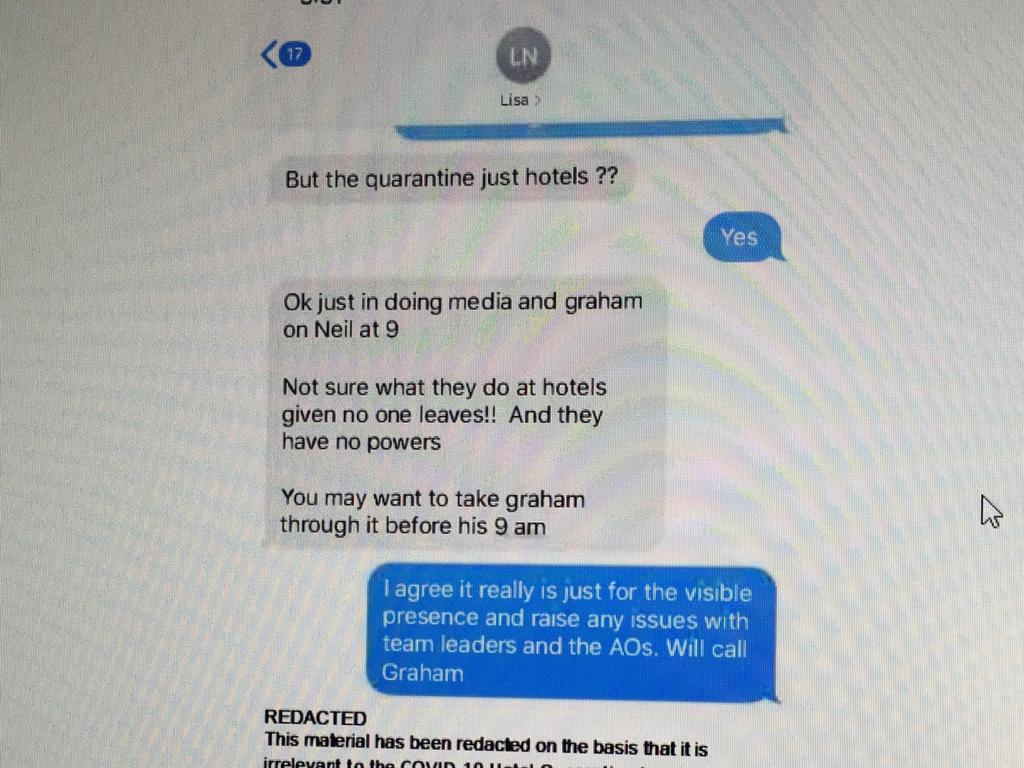 A text exchange between the Emergency Management Commissioner Andrew Crisp and Police Minister Lisa Neville. Picture: Supplied via NCA NewsWire