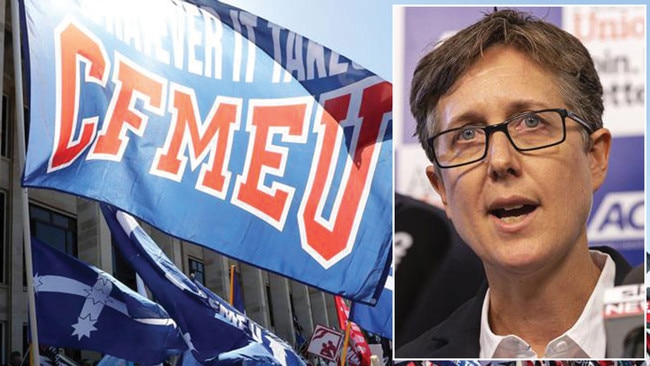 ACTU secretary Sally McManus, right, and the CFMEU flag.