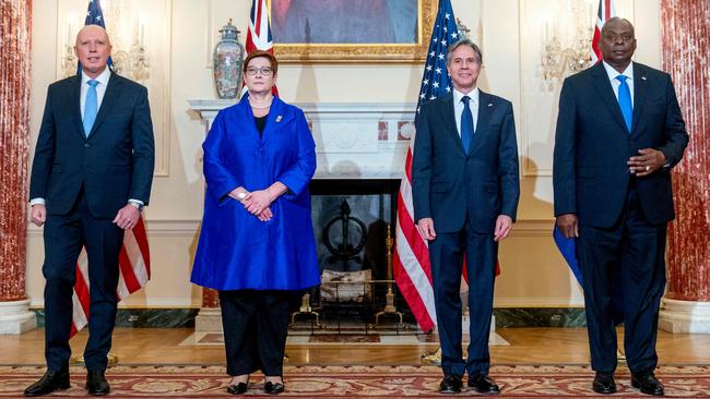 (L-R) Australian Defence Minister Peter Dutton, Foreign Minister Marise Payne, US Secretary of State Antony Blinken and Defence Secretary Lloyd Austin at the State Department in Washington, DC.