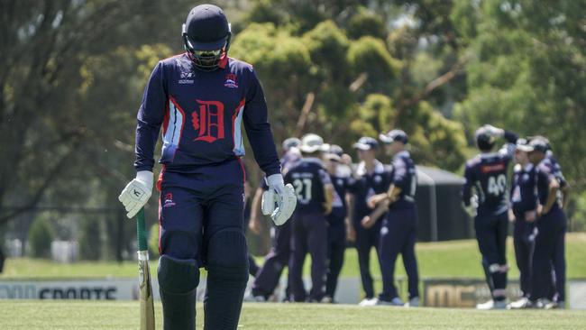 Premier Cricket: Dandenong’s Sahan Perera walks off after being dismissed. Picture: Valeriu Campan