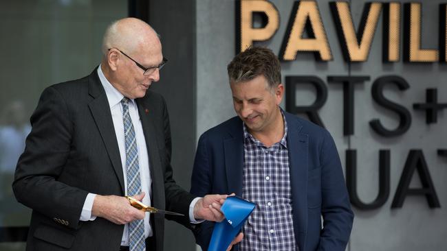 Senator Jim Molan, left, cuts the ribbon at the closing construction ceremony with Andrew Constance, Liberal candidate for Gilmore. Picture: Nathan Schmidt