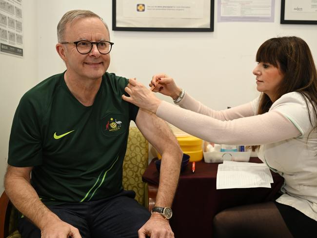 Australian Prime Minister Anthony Albanese at the Adore Compounding Pharmacy receives his fourth dose of the Covid-19 vaccine in Rozelle, Sydney, Tuesday, July 12, 2022. Prime Minister Anthony Albanese will depart for the Pacific Islands Forum being held in Fiji tomorrow. Picture: NCA NewsWire / POOL / Dean Lewins