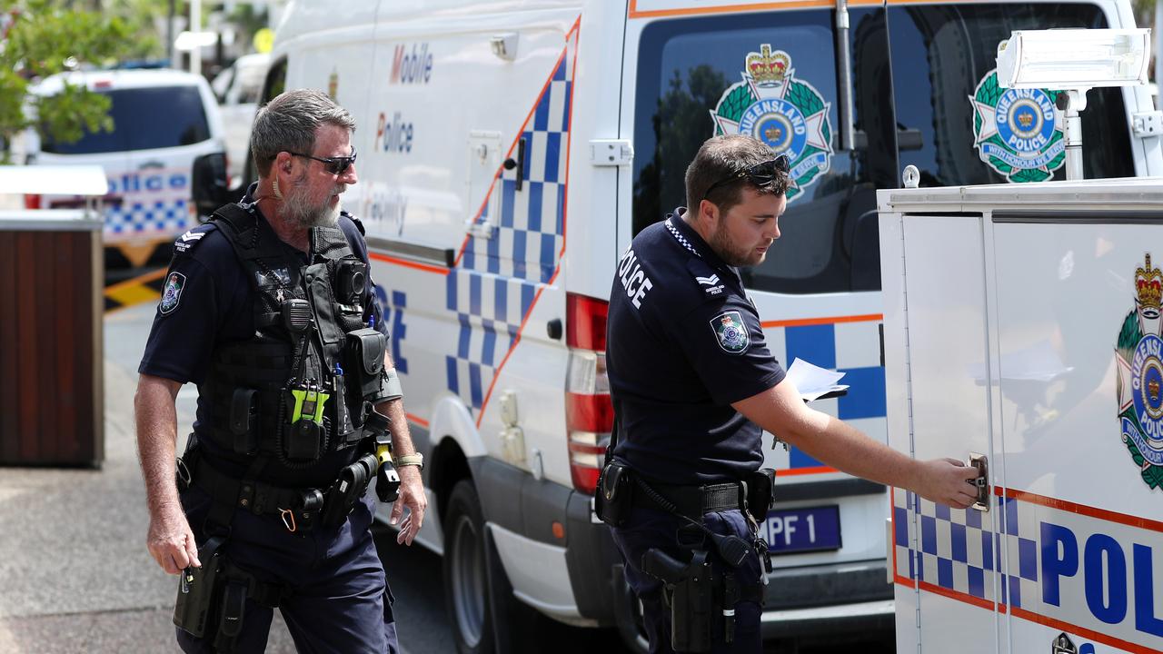 Coronavirus - COVID-19.Police setup in Griffith Street, Coolangatta ahead of tonights closure of the border.Picture: NIGEL HALLETT