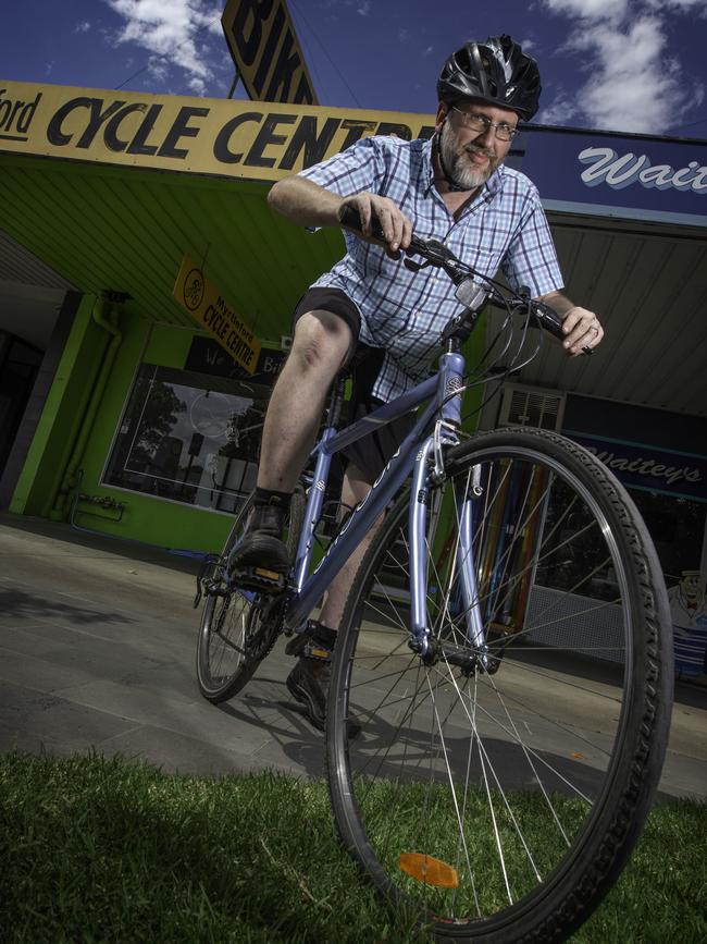 Steve Connor in front of his shop, the Myrtleford Cycle Centre. Picture: Tony Gough