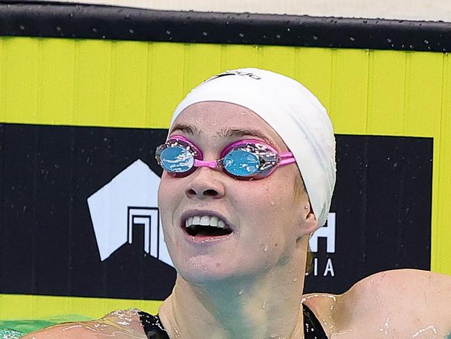 ADELAIDE, AUSTRALIA - JUNE 09: Alexandria Perkins reacts after winning  the Women's 100 LC Metre Butterfly during day one of the 2025 Australian Swimming Trials at the SA Aquatic and Leisure Centre on June 09, 2025 in Adelaide, Australia. (Photo by Sarah Reed/Getty Images)
