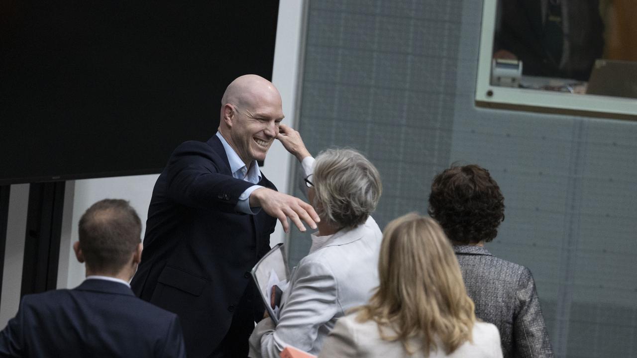 Senator David Pocock and Helen Haines celebrated the win with a hug. Picture: NCA NewsWire / Gary Ramage