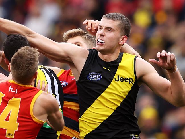 SYDNEY, AUSTRALIA - MAY 30: Callum Coleman-Jones of the Tigers spoils during the round 11 AFL match between the Richmond Tigers and the Adelaide Crows at GIANTS Stadium on May 30, 2021 in Sydney, Australia. (Photo by Mark Kolbe/AFL Photos/via Getty Images)