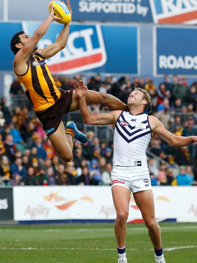 Cyril Rioli flies high for the Hawks at Aurora Stadium earlier this year. Picture: Getty