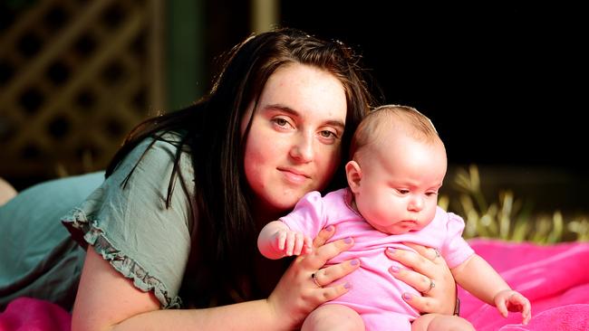 Grace Blacklock with her 4 month old daughter Katie Searle, speaks about removing the stigma of perinatal anxiety. Picture: Alix Sweeney