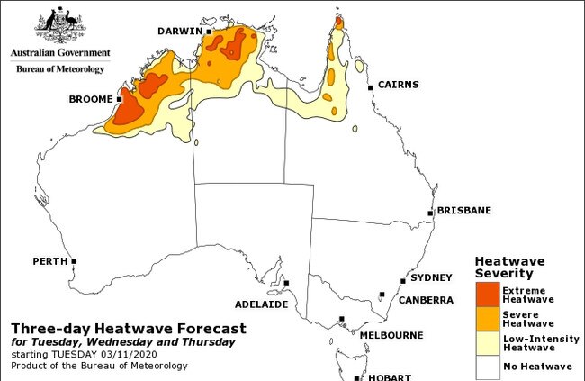 The heatwave situation for Tuesday, Wednesday and Thursday. Picture: Bureau of Meteorology website