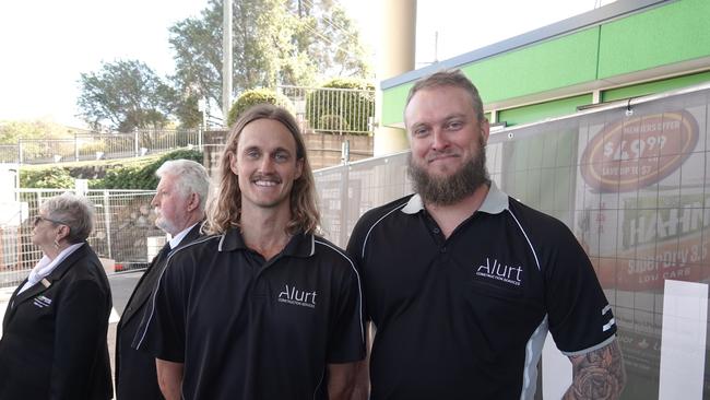 Jacob Robin, the director, and Toby Arnold, the project manager, taking a happy snap when they had just landed the deal for upgrade works at the Nambucca Heads RSL Club, from August last year. Picture: Chris Knight