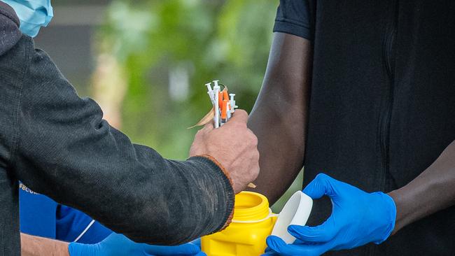 Half a dozen needles were collected. Picture: Jason Edwards/Herald Sun