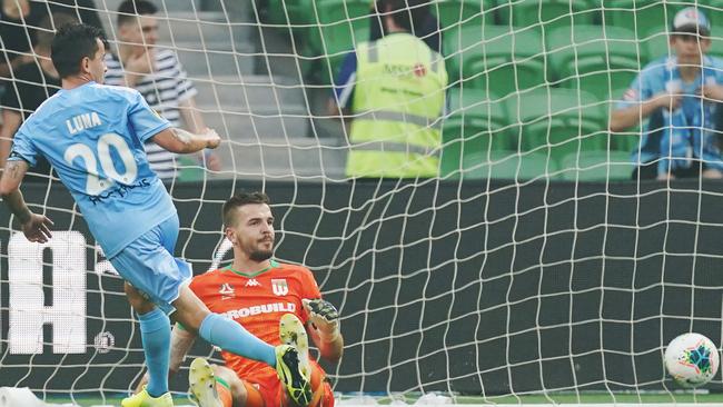 Adrian Luna buries one in the back of the net against Western United. Picture: AAP