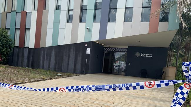 The Coffs Harbour police station taped off on Wednesday morning, February 8. Picture: Janine Watson