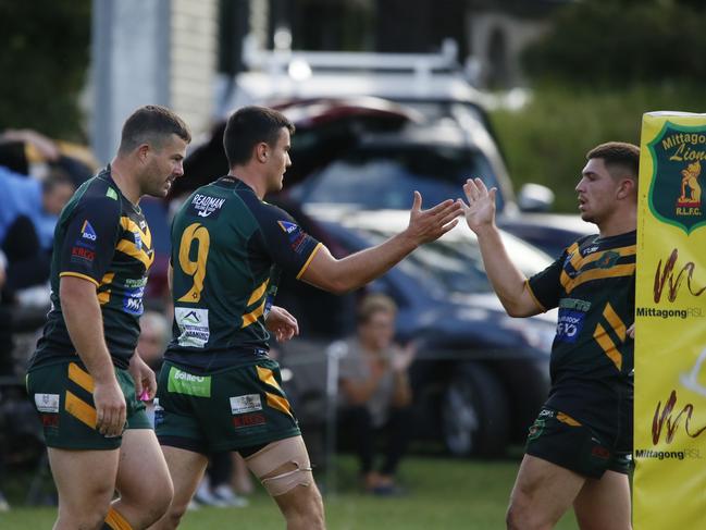 Blake Barbuto (No.9) celebrates a Mittagong try. Picture: Warren Gannon Photography.