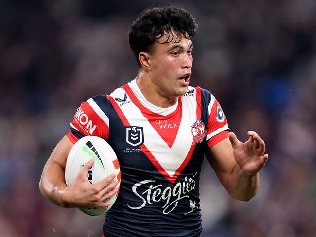 Joseph-Aukuso Suaalii could win a premiership with the Roosters and then tour with the Wallabies. Picture: Brendon Thorne/Getty Images