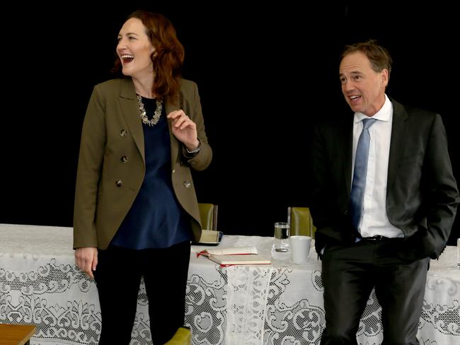 HAPPY CAMPAIGNERS: Georgina Downer with Health Minister Greg Hunt at Strathalbyn.Picture: KELLY BARNES/AAP