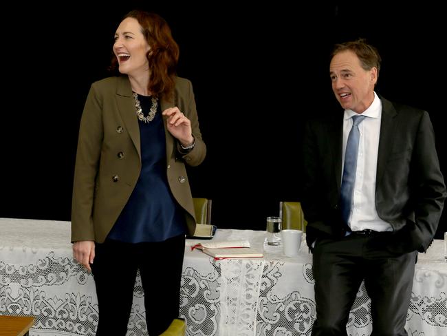 HAPPY CAMPAIGNERS: Georgina Downer with Health Minister Greg Hunt at Strathalbyn.<b>Picture: KELLY BARNES/AAP</b>