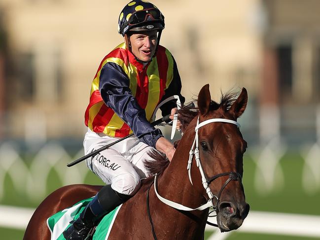 SYDNEY, AUSTRALIA - APRIL 04: James McDonald riding Nature Strip returns to scale after winning Race 8 The TAB TJ Smith Stakes during The Championship Day 1 Sydney Racing at Royal Randwick Racecourse on April 04, 2020 in Sydney, Australia. (Photo by Matt King/Getty Images)