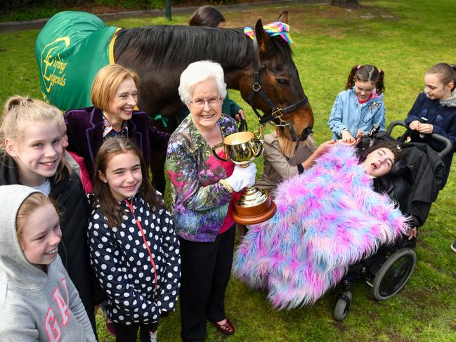 Sister Margaret Noone (centre) with horse racing identity and trainer Gai Waterhouse with children at the Very Special Kids Children's Hospice in Melbourne. Picture: AAP Image