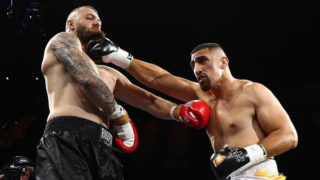 GOLD COAST, AUSTRALIA - APRIL 10: Justis Huni punches Jack Morris during the Heavyweight fight at Gold Coast Convention and Exhibition Centre on April 10, 2021 in Gold Coast, Australia. (Photo by Chris Hyde/Getty Images)