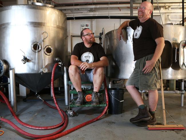 Pat McInerney and Nick Newey inside their craft beer brewery Willie the Boatman in St Peters. Picture James Croucher