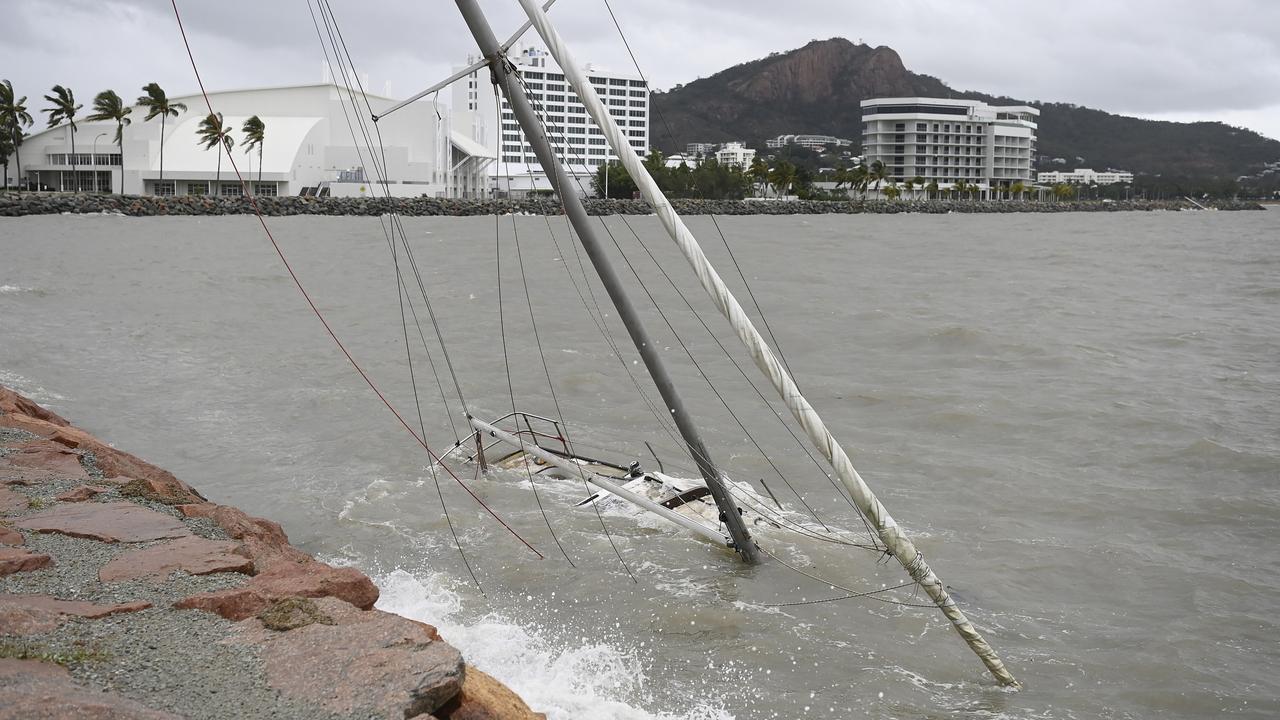 A sunken yacht after Tropical Cyclone Kirrily made landfall near Townsville in January this year. Picture: Ian Hitchcock-Getty Images