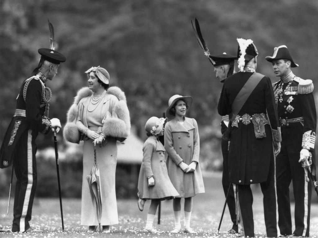 The Queen mother with her daughters and King George during an inspection of the Royal Company of Archers at the Palace of Holyroodhouse, Edinburgh. Picture: Fox Photos/Getty