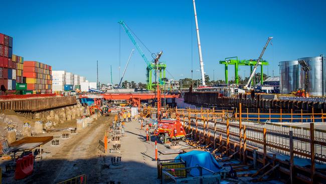 The Yarraville launch shaft for Bella the tunnel-boring machine is more than 300m long and in three years will be transformed into the northern entrance to the road tunnel. Picture: Jake Nowakowski