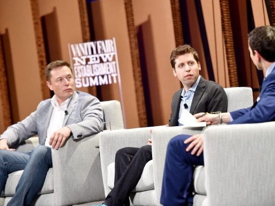 Elon Musk, left, and Sam Altman, at the 2015 Vanity Fair New Establishment Summit in a rare photo together. Picture: Mike Windle/Getty Images for Vanity Fair