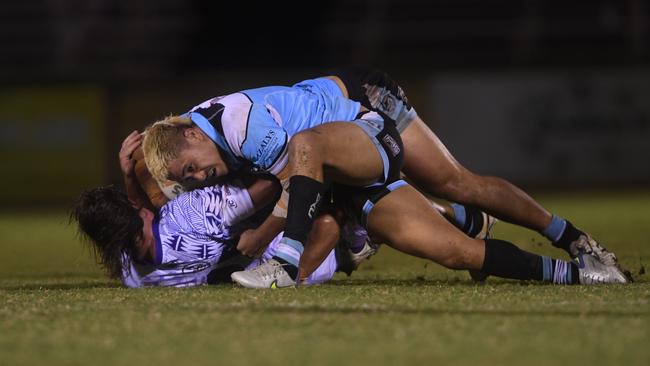 Sharks' tackle Darwin Brothers in the Humpty Dumpty Foundation round of 2022 NRLNT season. Picture: (A)manda Parkinson