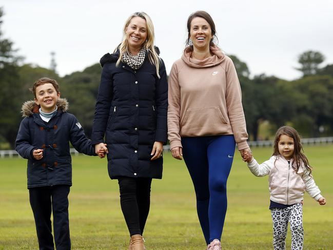 Sisters Petra Zlatevska (on right with son Noah) and Aleks Zlatevska (on left with daughter Mila) pictured at Centennial Park. Picture: Sam Ruttyn