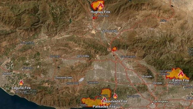 Map showing LA's wildfires. Picture: California Department of Forestry and Fire Protection