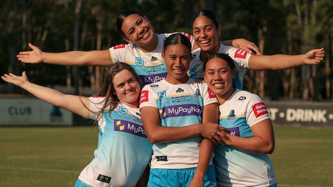 5 x 18 year old Titans players ahead of their first NRLW Grand Final L to R Riley Jorgenson, Destiny Mino - Sinapati, Chantay Kiria-Ratu, Sienna Lofipo and Dannii Perese. Picture: Glenn Campbell