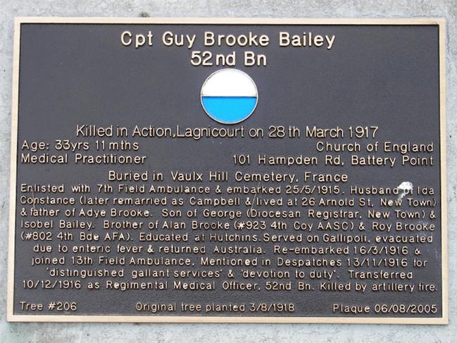 Guy Bailey is commemorated at tree #206 on the Soldiers' Memorial Avenue in Hobart.