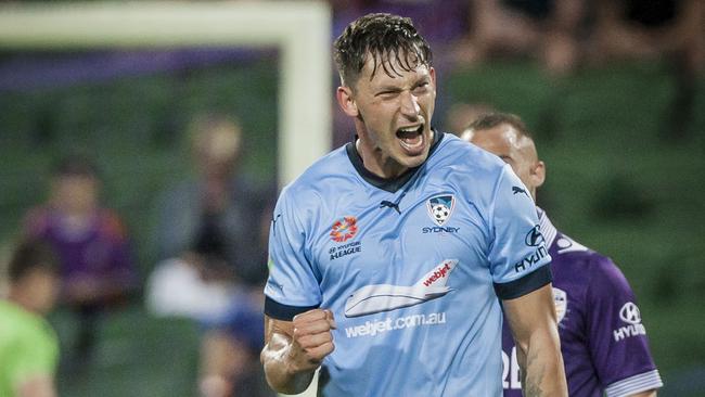 Filip Holosko celebrates a goal against Perth Glory.